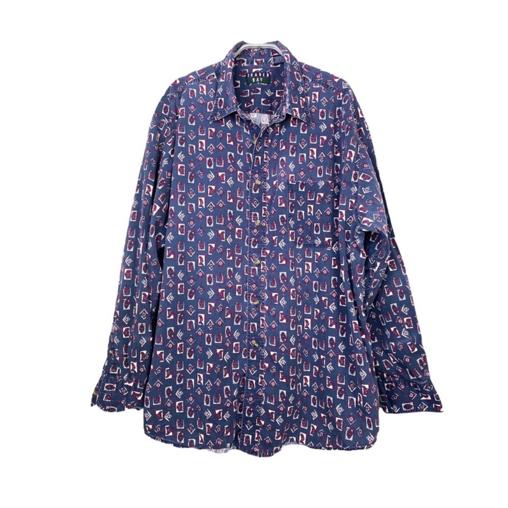 Vintage 90s Trader Bay Button Down Casual Shirt Geometric Print Cotton Oversized